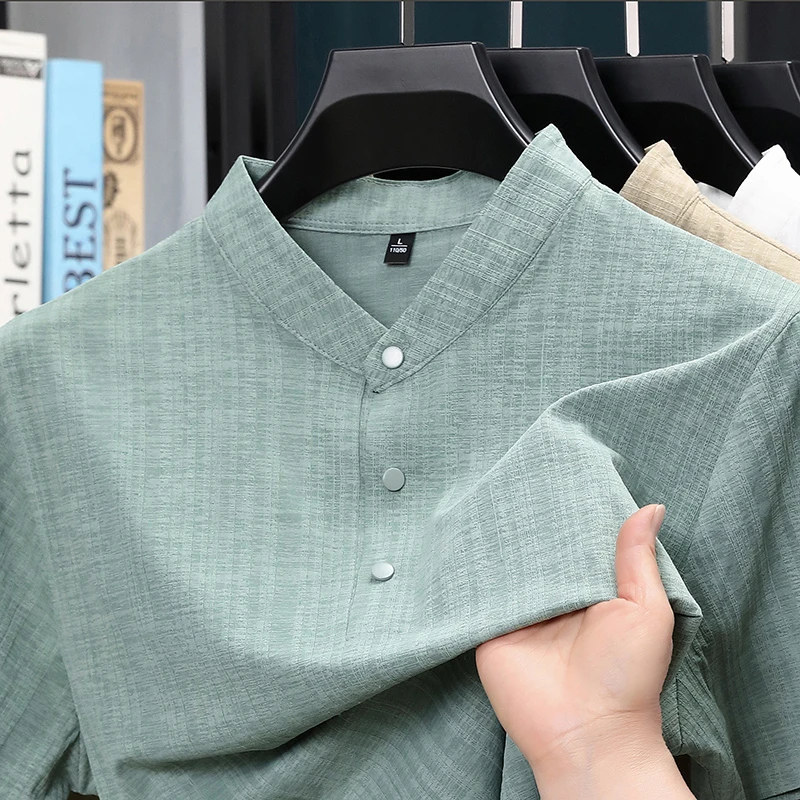 Home Textile - Summer Stand Collar Half Button Mens